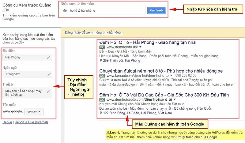 Hướng dẫn kiểm tra hiển thị quảng cáo Google Adwords Vinaweb